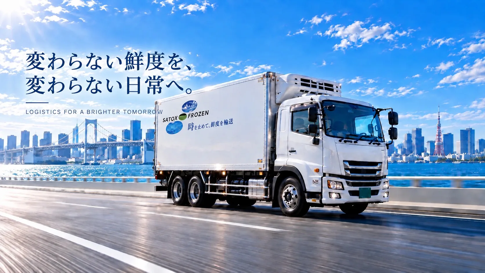 レインボーブリッジ沿いを走るサトックスの冷凍車。変わらない鮮度を、変わらない日常へ。