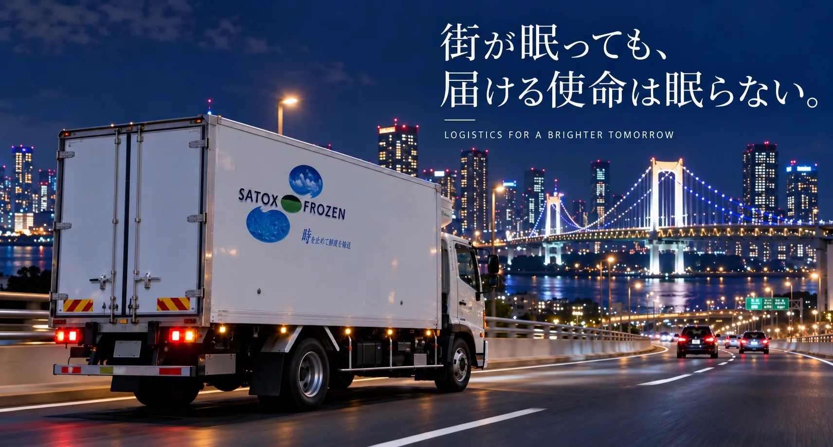 夜のレインボーブリッジを走るサトックスの冷凍車。街が眠っても、届ける使命は眠らない。