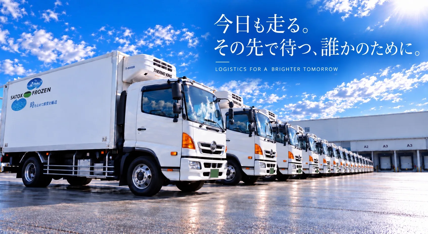 青空の下、物流センターの搬入口に並ぶサトックスの冷凍車の車列。今日も走る。その先で待つ、誰かのために。
