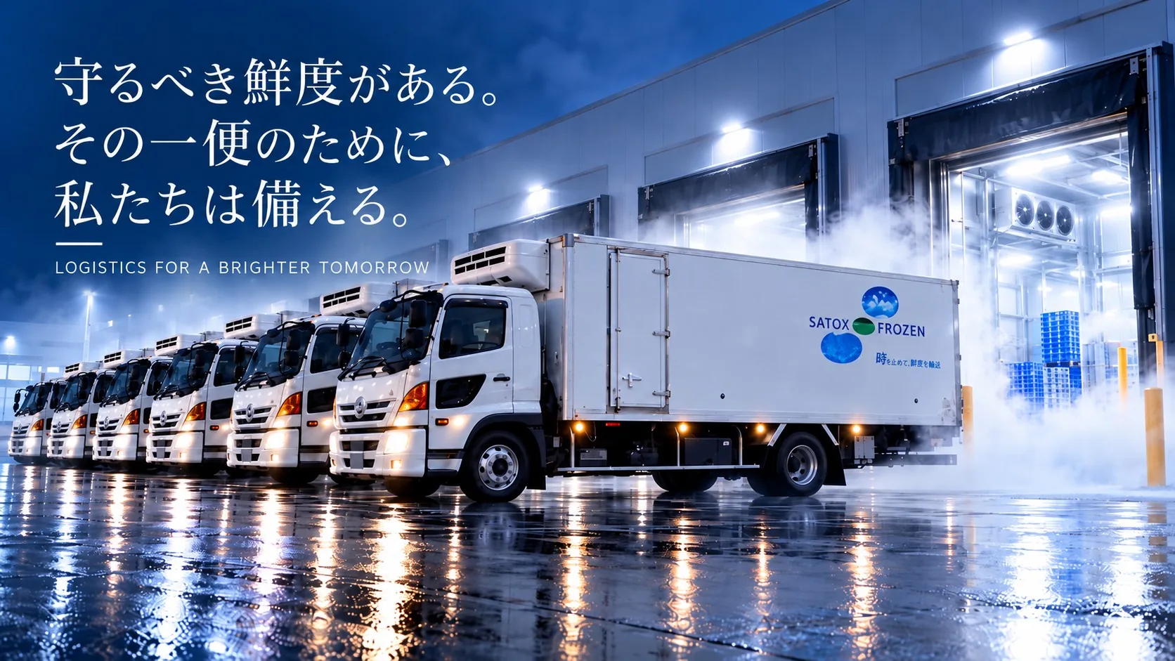 夜の物流センターに並ぶサトックスの冷凍車の車列。守るべき鮮度がある。その一便のために、私たちは備える。
