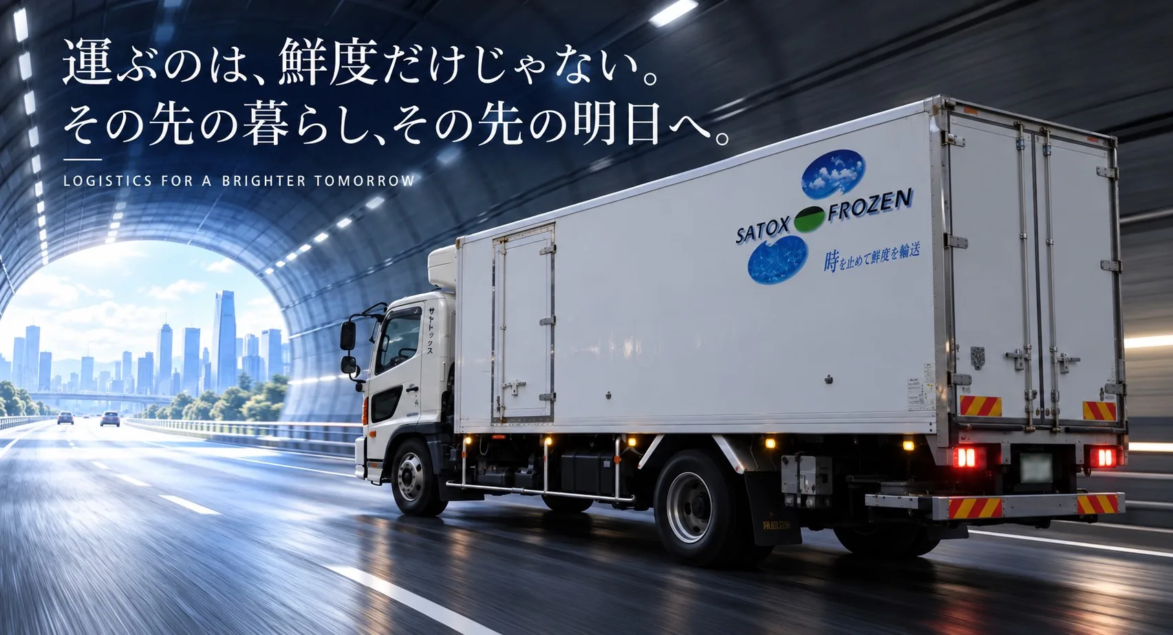 トンネルを抜けて走るサトックスの冷凍車。運ぶのは、鮮度だけじゃない。その先の暮らし、その先の明日へ。