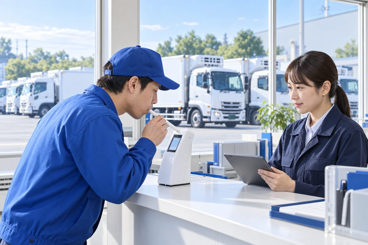 点呼カウンターでアルコールチェッカーに息を吹き込むドライバーと、記録する運行管理者(イメージ)