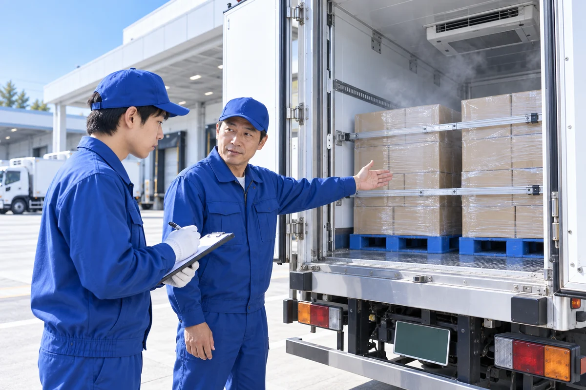 荷台の積み付けを指し示しながら新人ドライバーに作業手順を教える先輩ドライバー(イメージ)