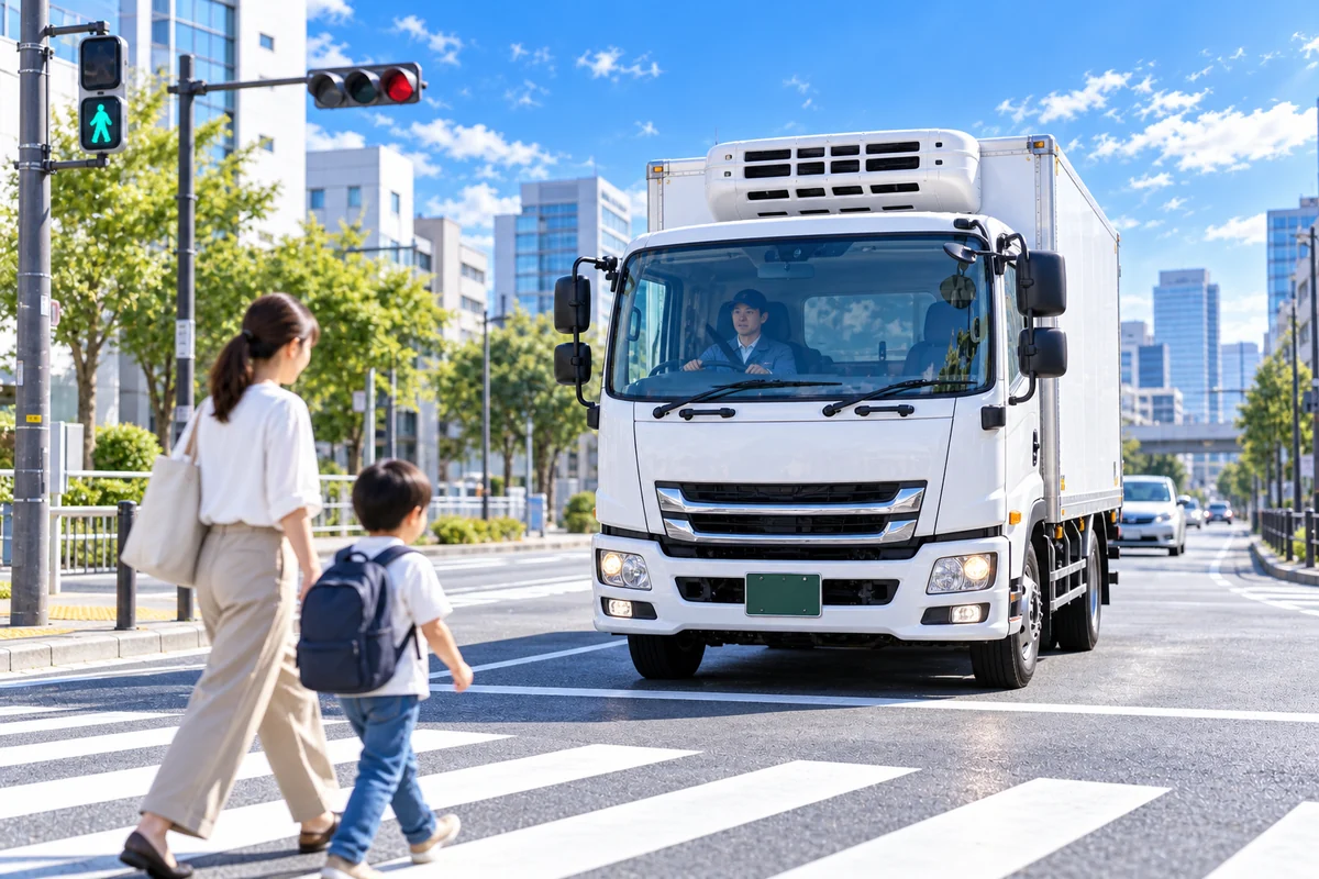 横断歩道の手前で停止し、歩行者を待つ冷凍トラック(イメージ)