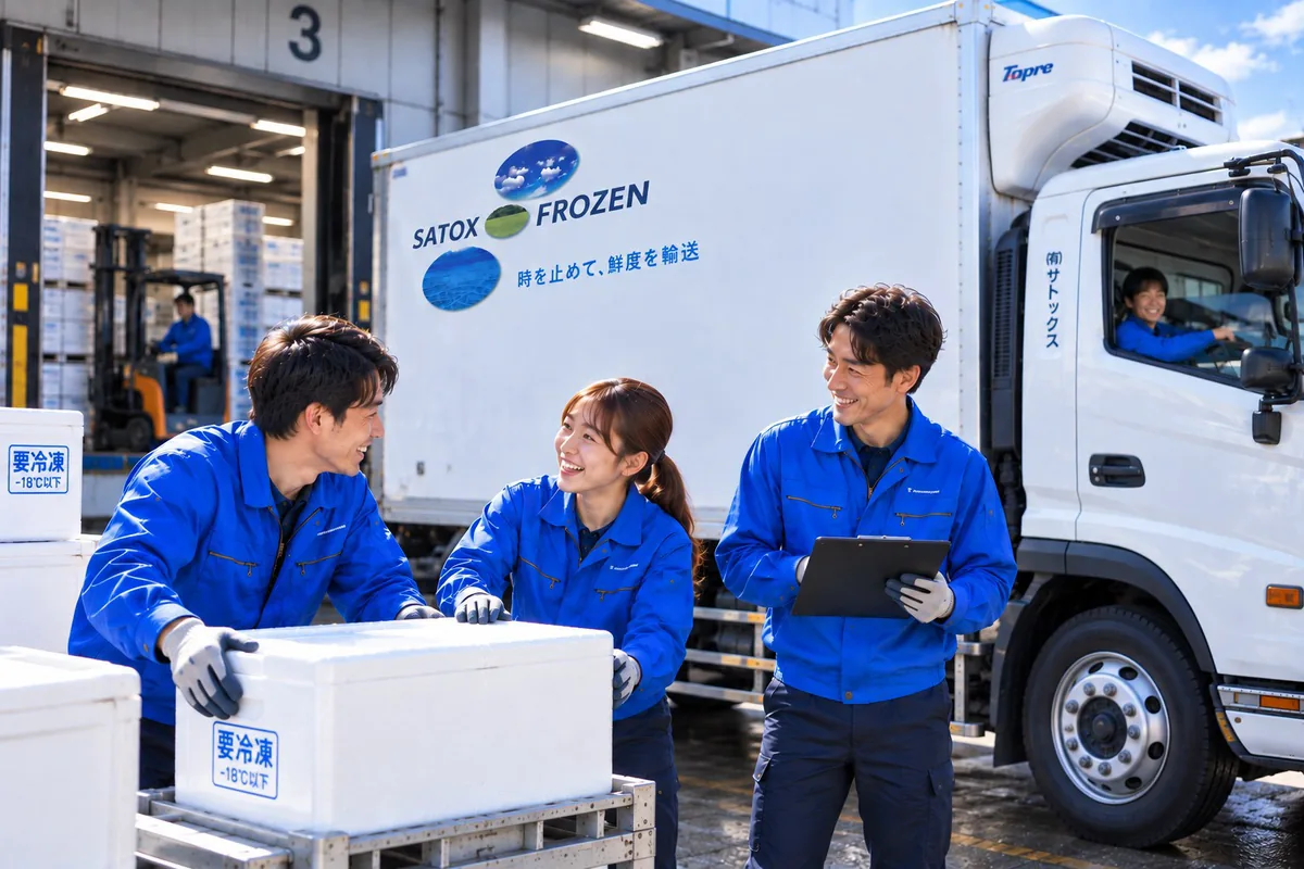 冷凍車の前で笑顔で作業するサトックスのスタッフ3名